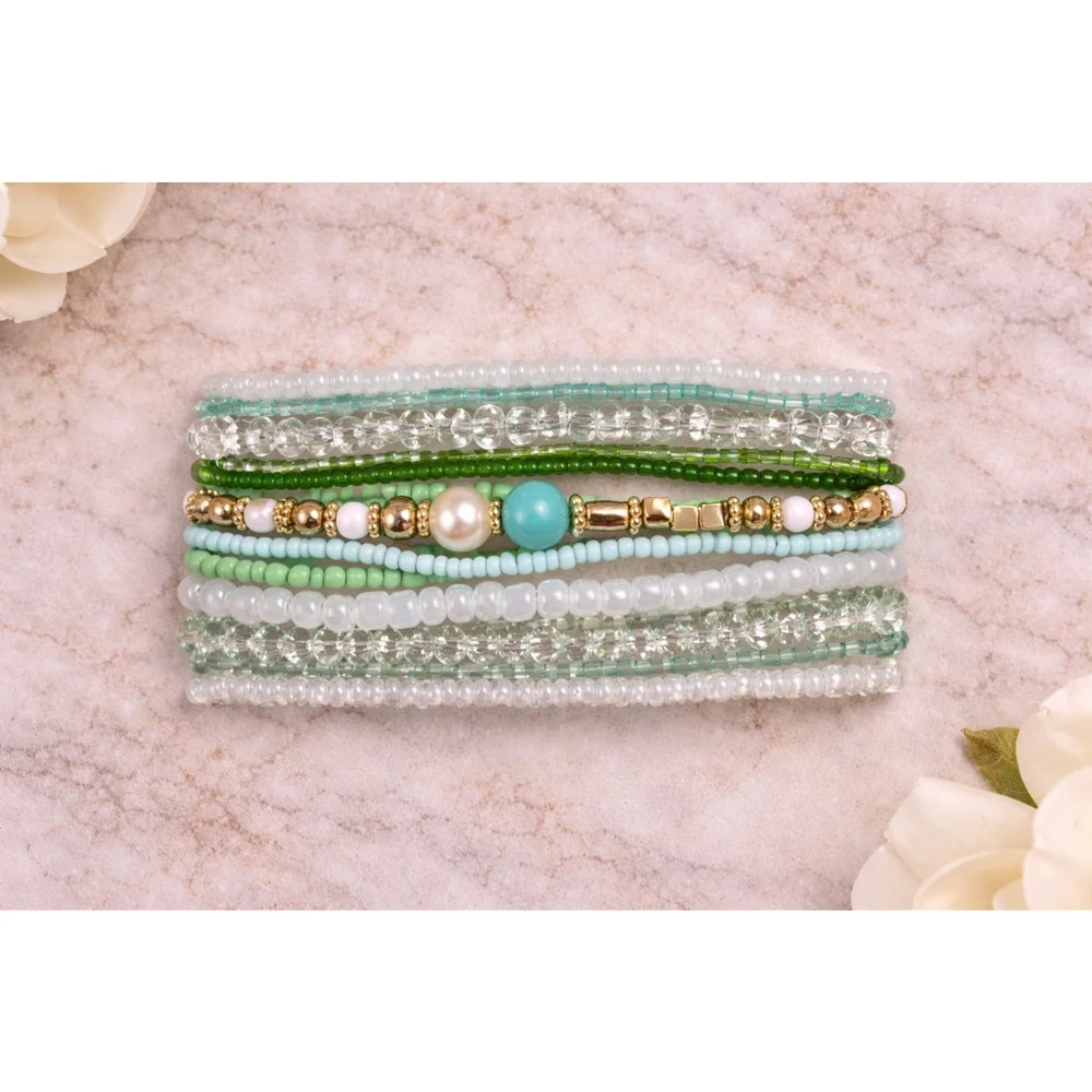 Boho‎ Green Beaded Bracelet Stack Set Stretch Bracelets Coastal Summer Jewelry